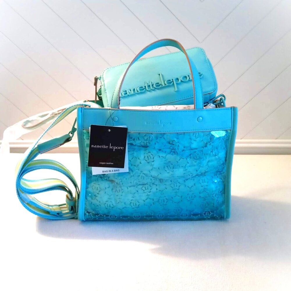 Nanette Lepore Arianna Blue/Clear/Logo Satchel w/Solid Wristlet Set